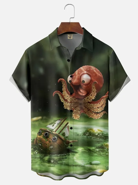 Moisture-wicking Fun Mini Cthulhu Pirate Ship Green Chest Pocket Hawaiian Shirt