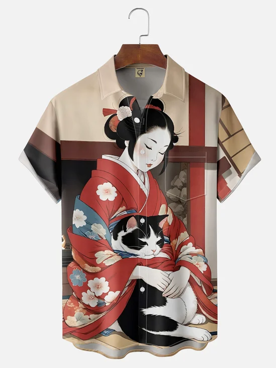 Moisture-wicking American Retro Japanese Geisha Cat Art Painting Chest Pocket Casual Shirt