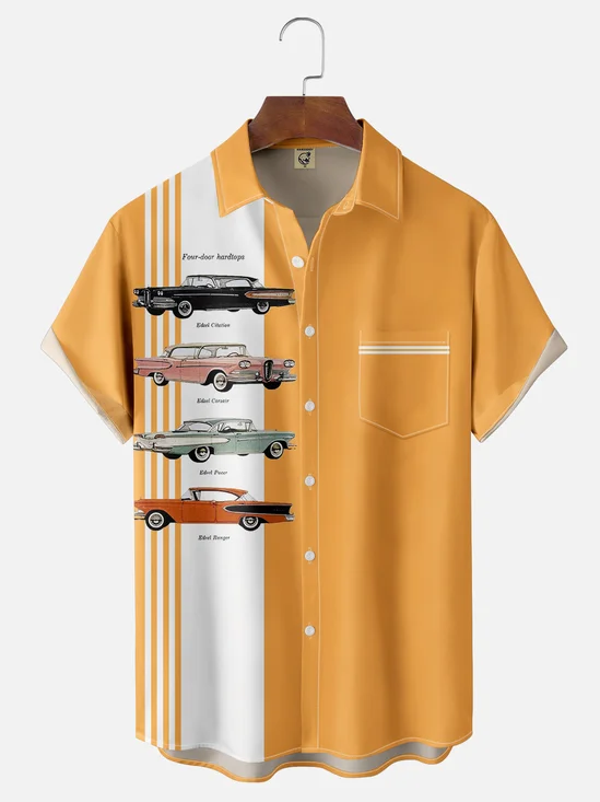Moisture-wicking Classic American Retro Car Sports Car Art Chest Pocket Bowling Shirt