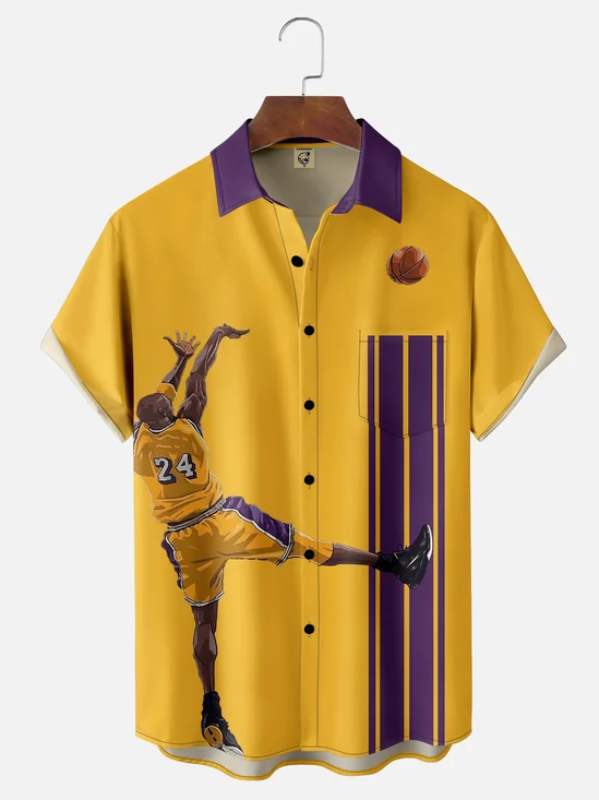 Moisture-wicking USA Basketball Los Angeles Legend Yellow Purple Chest Pocket Bowling Shirt