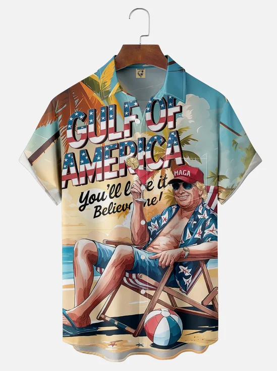 Tall Size Moisture-wicking Trump Vacation Art Great "Gulf Of American" Chest Pocket Casual Shirt