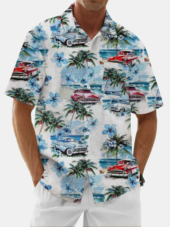 Moisture Wicking Gradient Coconut Tree Vintage Car Chest Pocket Hawaiian Shirt