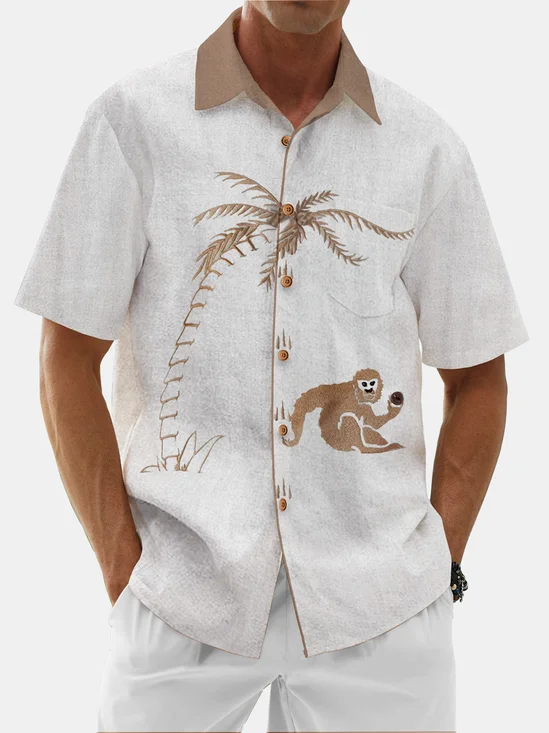 Moisture Wicking Coconut Tree Monkey Chest Pocket Hawaiian Shirt