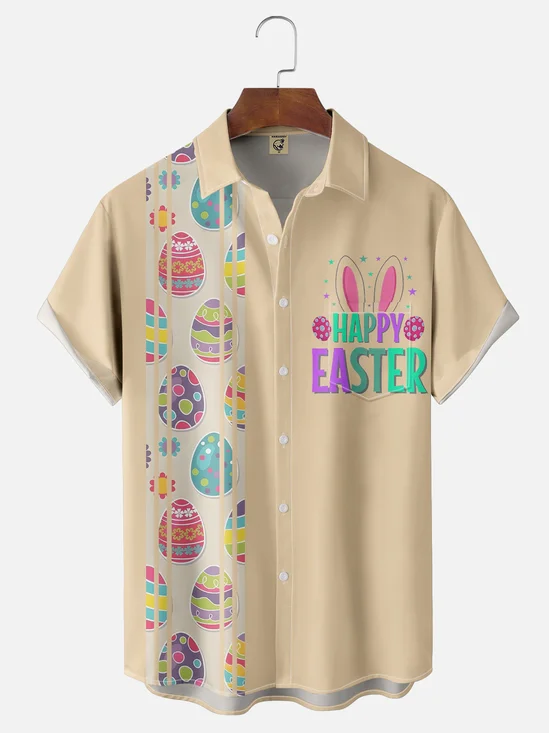 Tall Size Moisture-wicking Happy Easter Bunny Egg Art Chest Pocket Bowling Shirt