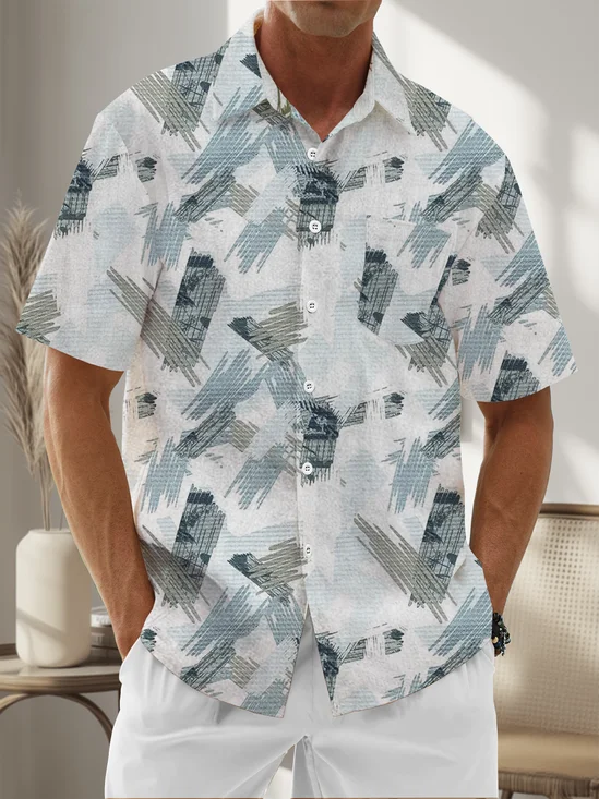 Moisture Wicking Geometric Lines Chest Pocket Hawaiian Shirt