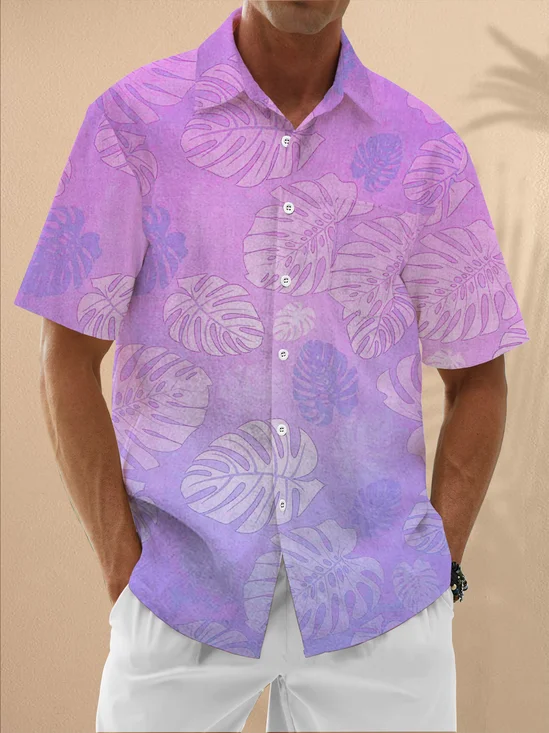 Moisture Wicking Gradient Floral Chest Pocket Hawaiian Shirt