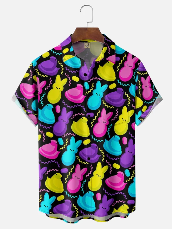 Tall Size Moisture Wicking Easter Egg Bunny Chest Pocket Hawaiian Shirt