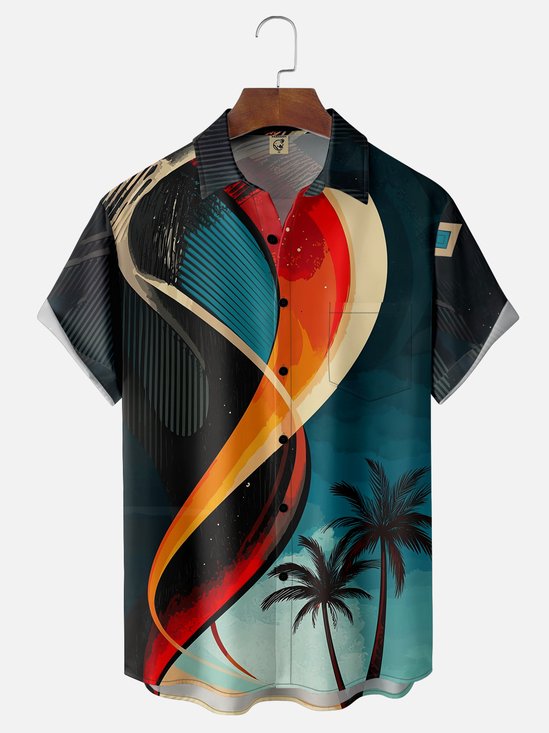 Moisture-wicking Palm Tree Geomatric Chest Pocket Hawaiian Shirt