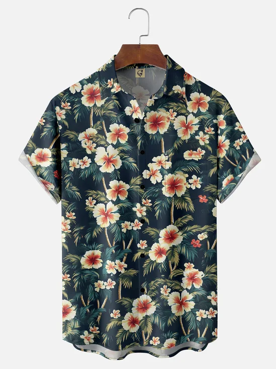 Moisture-wicking Palm Tree Floral Chest Pocket Hawaiian Shirt