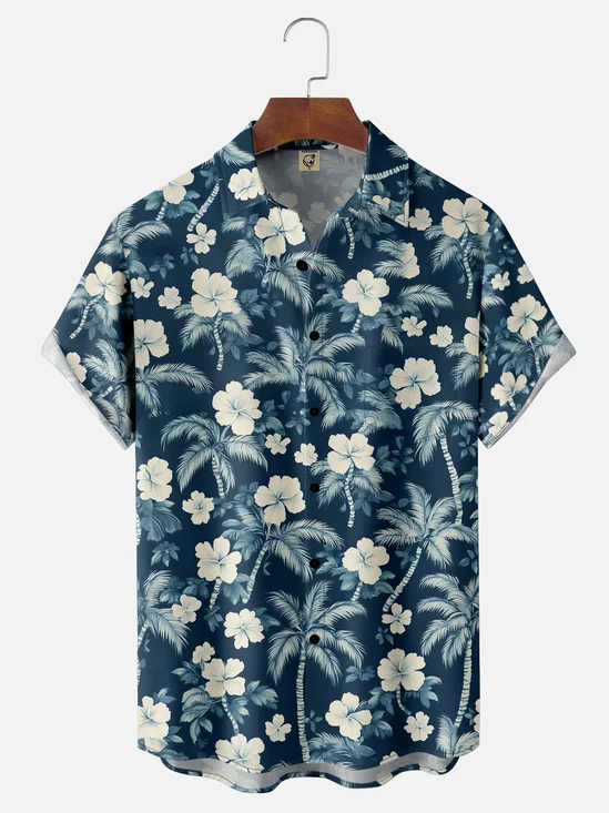 Moisture-wicking Tropical Palm Tree Floral Chest Pocket Hawaiian Shirt