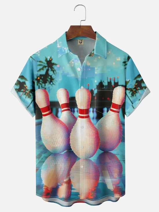 Moisture-wicking Palm Tree Vacation Bowling Chest Pocket Hawaiian Shirt