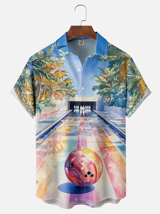 Moisture-wicking Palm Tree Vacation Bowling Chest Pocket Hawaiian Shirt