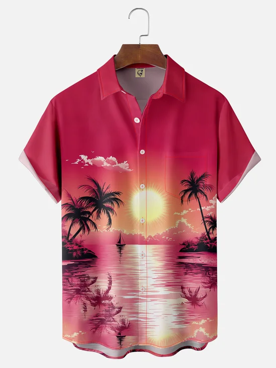 Moisture-wicking Tropical Palm Tree Chest Pocket Hawaiian Shirt