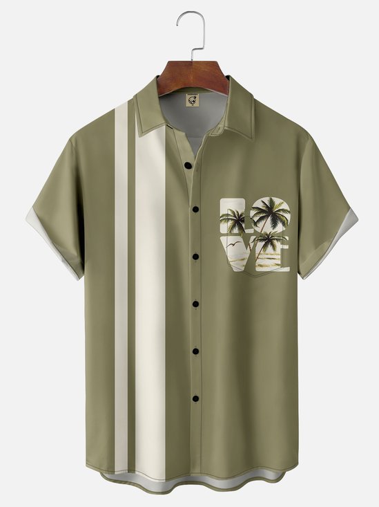 Moisture-wicking Palm Tree Chest Pocket Bowling Shirt