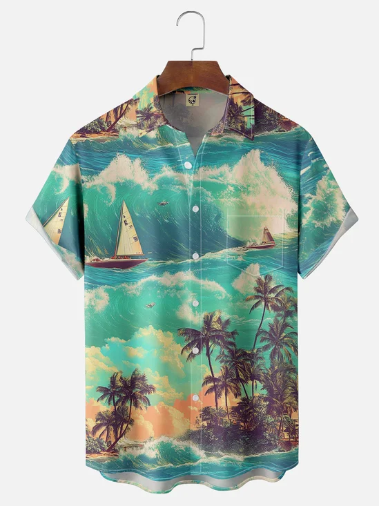 Moisture-wicking Palm Tree Chest Pocket Hawaiian Shirt
