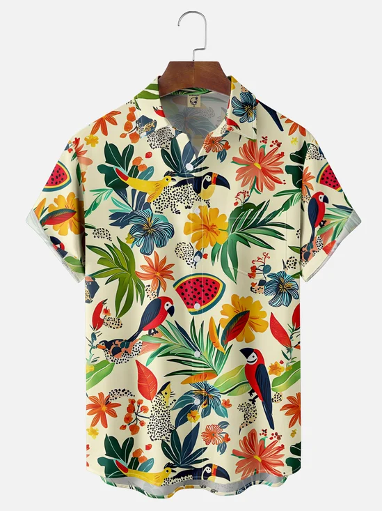 Moisture-wicking Tropical Palm Tree Parrot Floral Chest Pocket Hawaiian Shirt