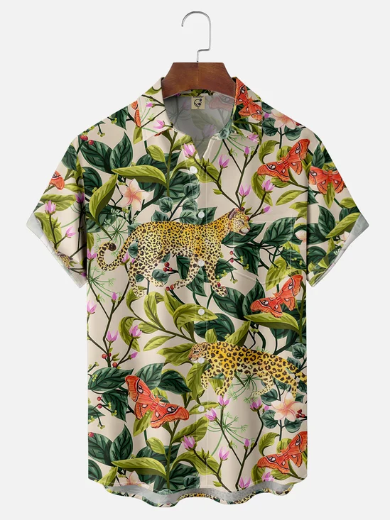 Moisture-wicking Tropical Leopard Chest Pocket Hawaiian Shirt