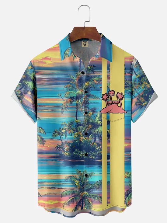 Moisture-wicking Tropical Palm Tree Chest Pocket Hawaiian Bowling Shirt