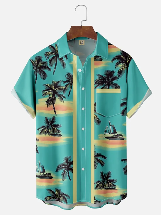 Moisture-wicking Tropical Palm Tree Chest Pocket Hawaiian Bowling Shirt