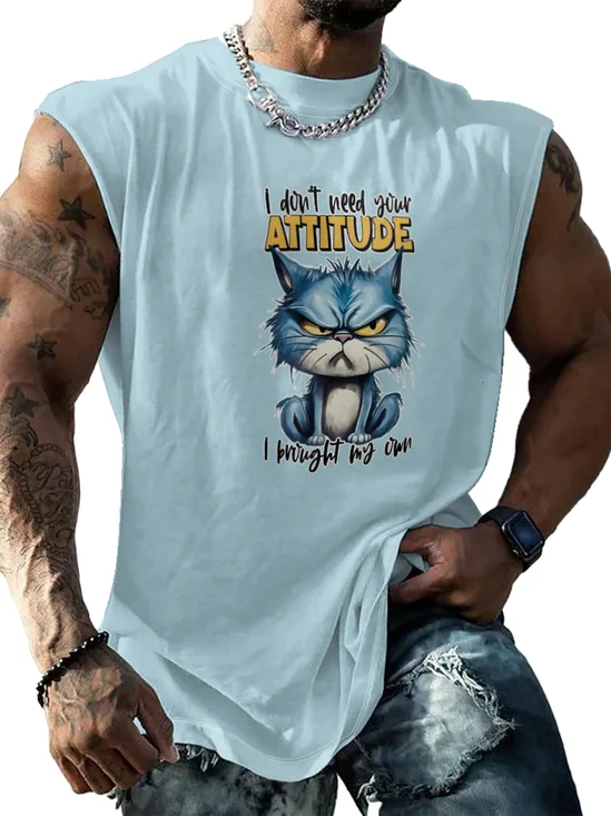 Mens Crewneck Tank Tops Attitude Cat Beach Sleeveless Shirt