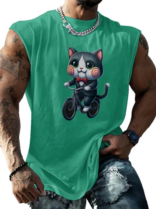 Mens Crewneck Tank Tops Weird Cat Beach Sleeveless Shirt