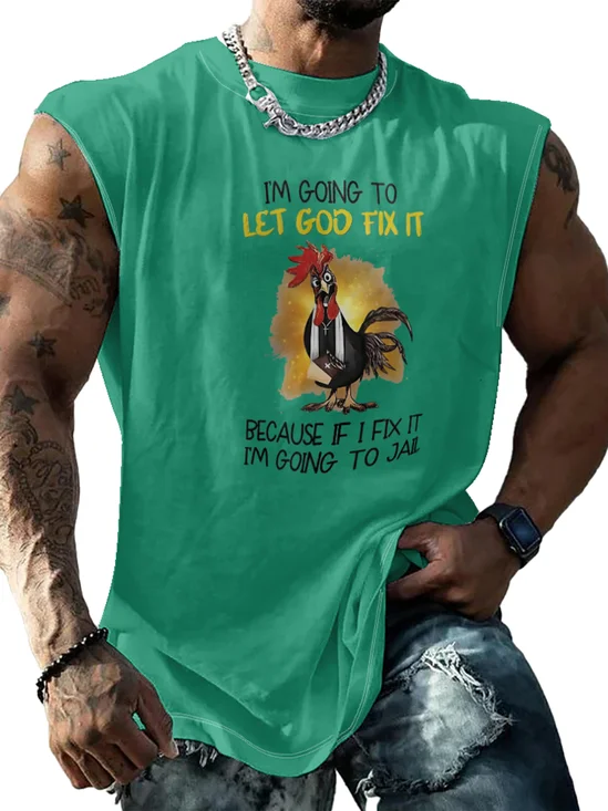 Mens Crewneck Tank Tops Let God Fix It Chicken Beach Sleeveless Shirt
