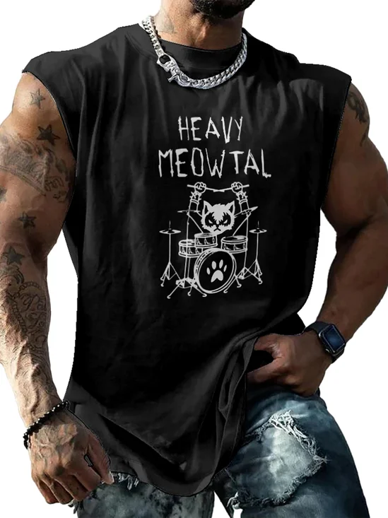 Mens Crewneck Tank Tops Heavy Meowtal Cat Playing Drums Beach Sleeveless Shirt