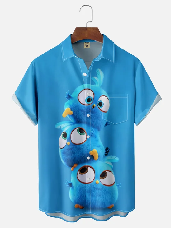 Moisture-wicking Cartoon Birds Chest Pocket Casual Shirt