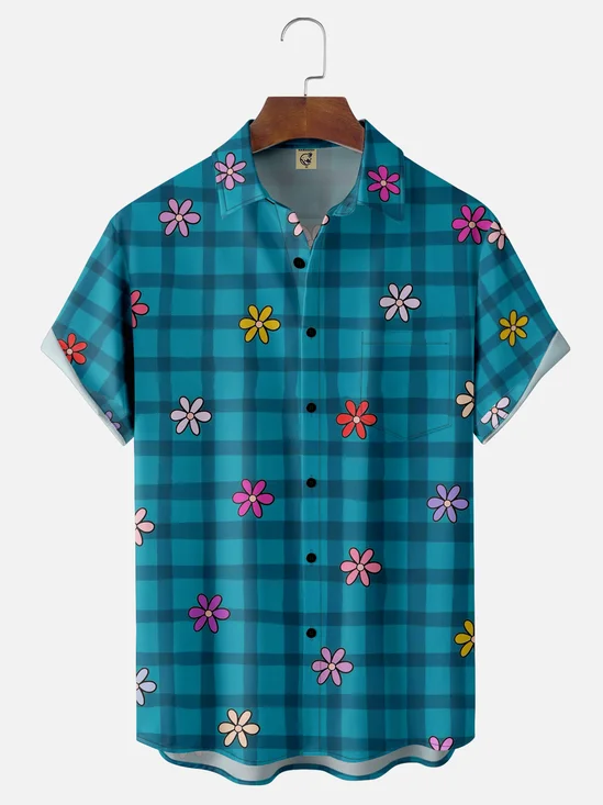 Moisture-wicking Floral Plaid Chest Pocket Hawaiian Shirt