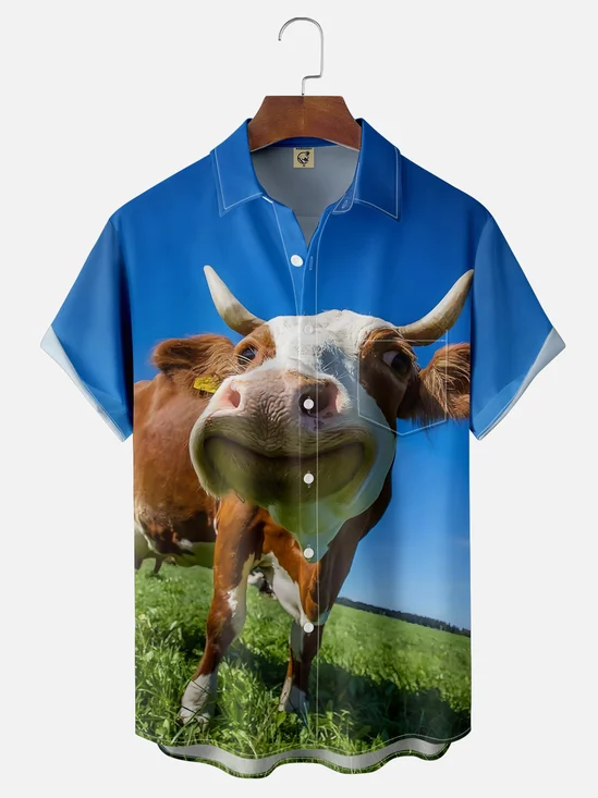 Moisture-wicking Cow Smile Chest Pocket Casual Shirt