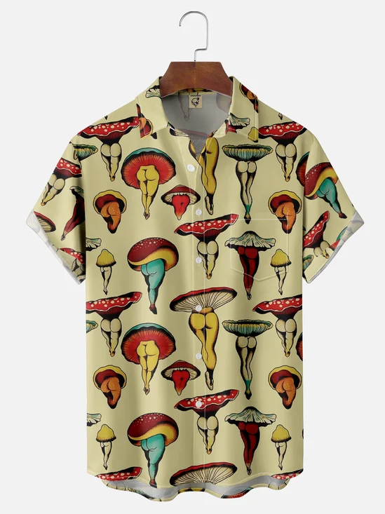 Moisture Wicking Skirt Mushroom Chest Pocket Hawaiian Shirt