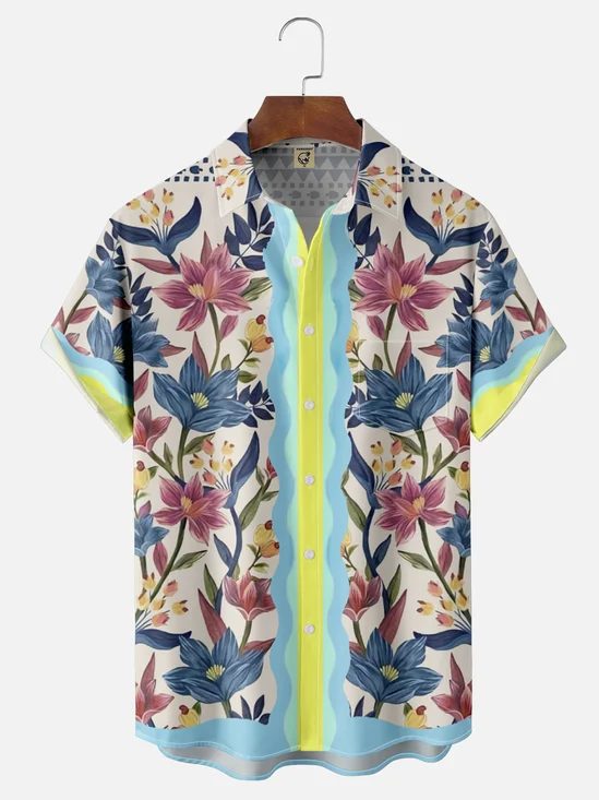 Moisture-wicking Vintage Classic Art Floral Chest Pocket Hawaiian Shirt