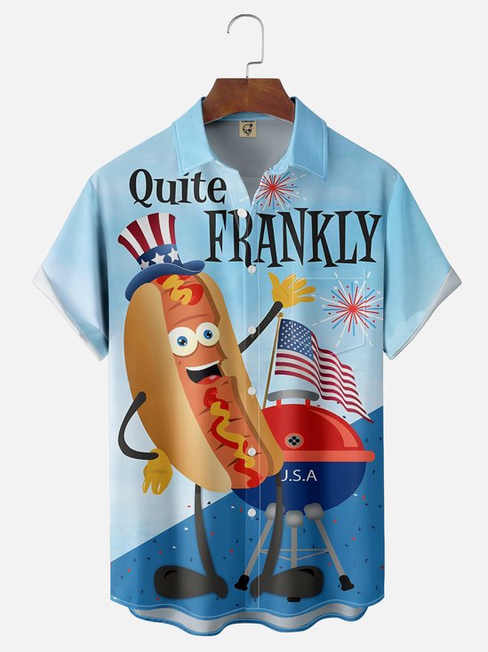 Moisture-wicking Independence Day American Flag Hot Dog Barbecue Chest Pocket Casual Shirt