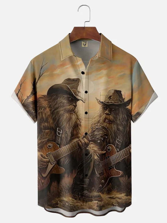 Moisture-wicking Bigfoot Playing Guitar Fun Art Chest Pocket Hawaiian Shirt