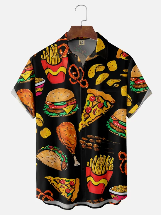 Moisture Wicking French Fries Burgers Potato Chips Fried Chicken Pizza Tacos Chest Pocket Hawaiian Shirt