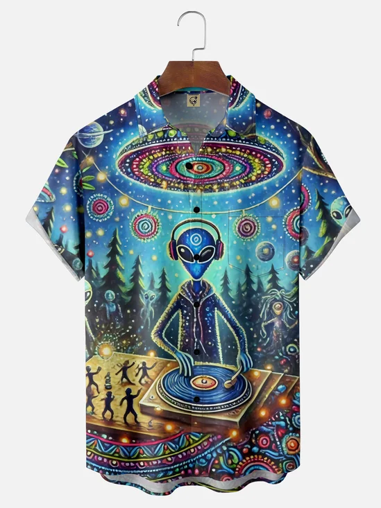Moisture Wicking Alien Punk Music Party Chest Pocket Hawaiian Shirt