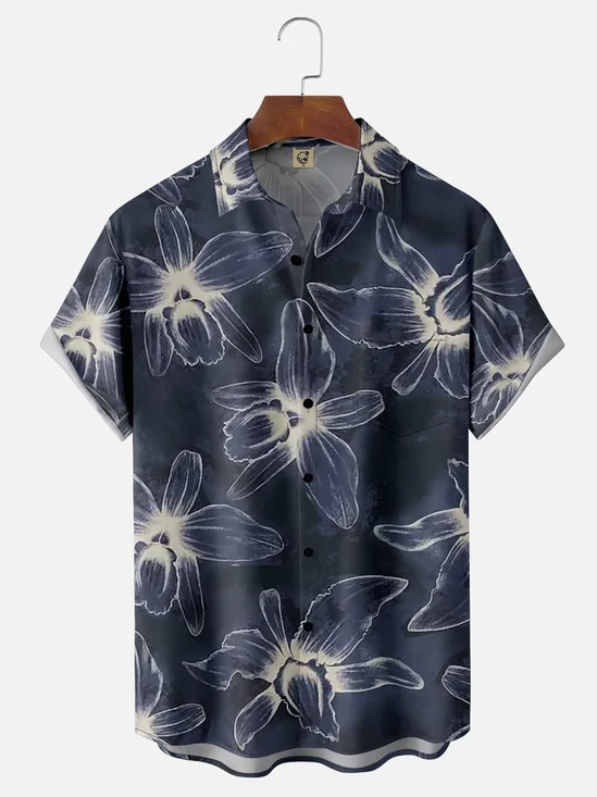 Moisture-wicking Vintage Classic Lotus Art White Lotus Chest Pocket Hawaiian Shirt