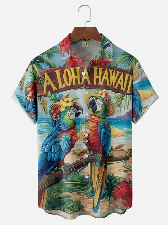 Moisture Wicking Hawaiian Parrot Chest Pocket Hawaiian Shirt
