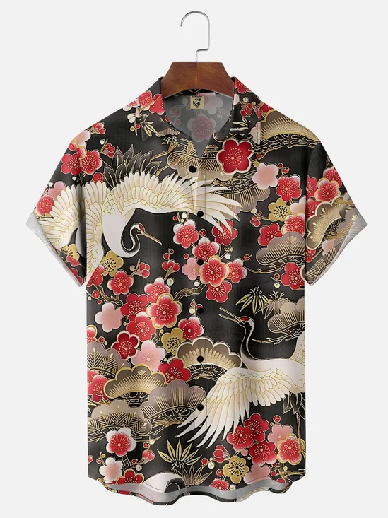 Moisture-wicking Retro Classic Red-crowned Crane Art White Lotus Chest Pocket Hawaiian Shirt