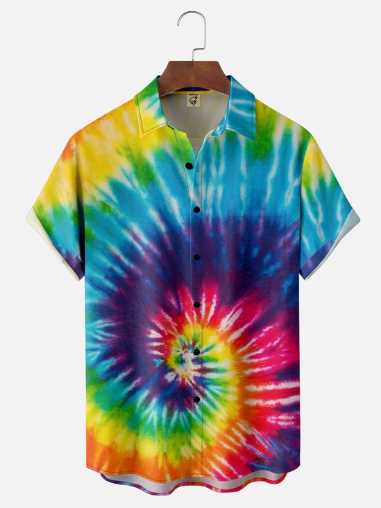Moisture-wicking Hippie Tie Dye Gradient Color Chest Pocket Casual Shirt