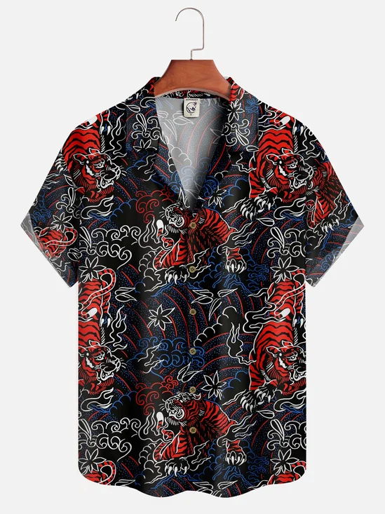 Moisture Wicking Plant Tiger Chest pocket Hawaiian Shirt