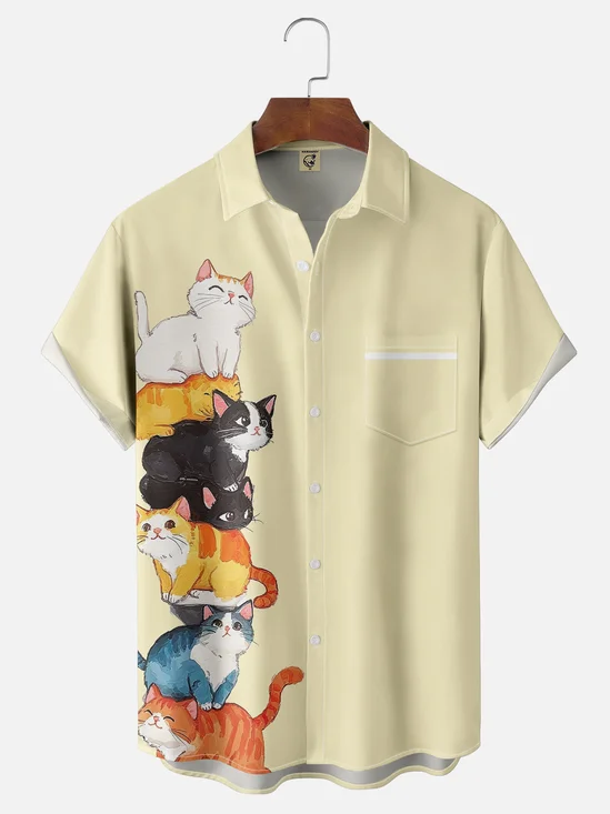 Moisture-wicking Pet Day Funny Cat Art Drawing Chest Pocket Bowling Shirt