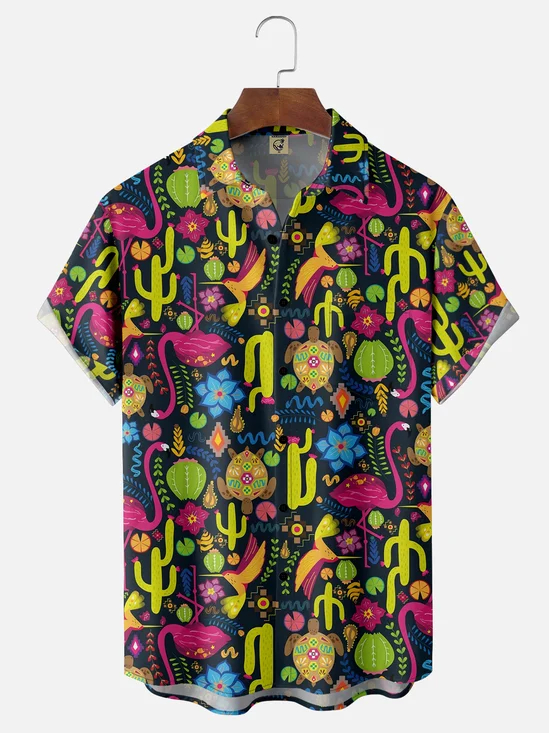 Moisture-wicking Cinco de Mayo Cactus Flamingo Chest Pocket Casual Shirt