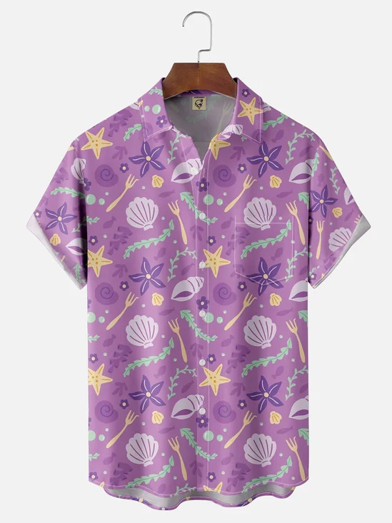 Moisture-wicking Marine Life Shell Starfish Coral Seaweed Chest Pocket Hawaiian Shirt
