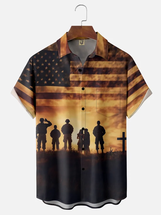 Moisture-wicking Memorial Day American Flag Chest Pocket Casual Shirt