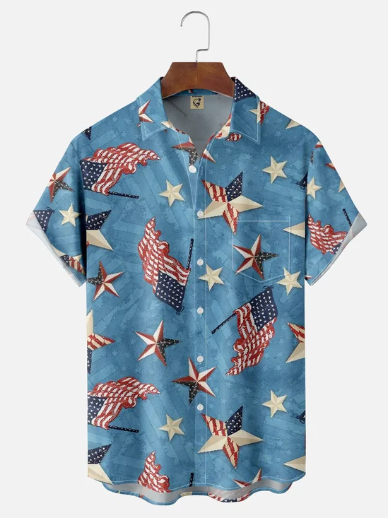 Moisture-wicking American Flag Day Stars Chest Pocket Casual Shirt