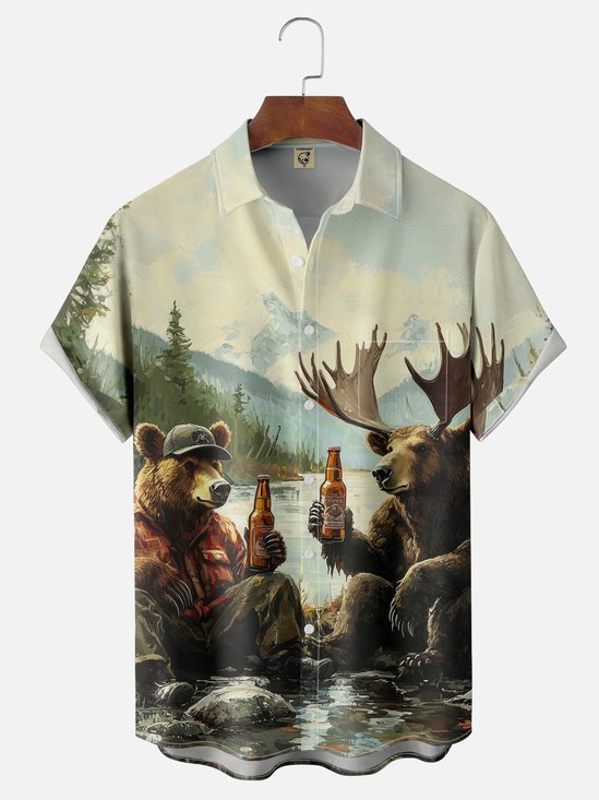 Moisture Wicking Outdoor Camp Camping Bear Elk Chest Pocket Hawaiian Shirt