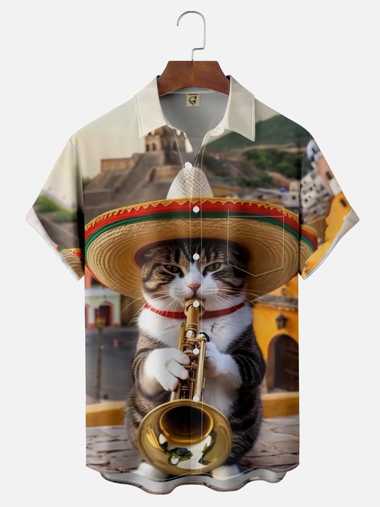 Moisture-wicking Happy Cinco de Mayo Mexican Cat Chest Pocket Casual Shirt