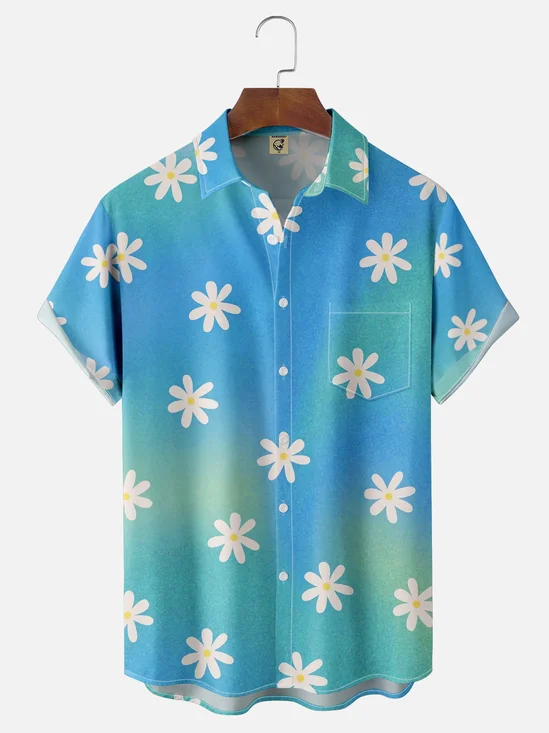 Moisture-wicking Gradient Floral Daisy Chest Pocket Funky Hawaiian Shirt