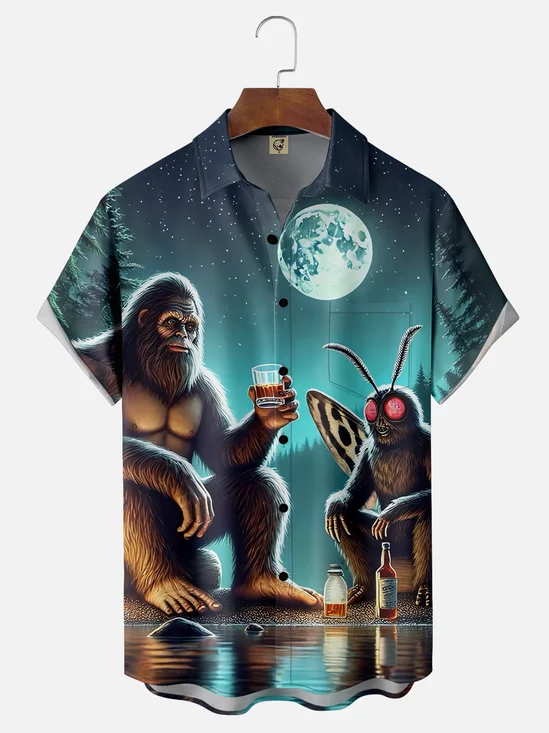 Moisture-wicking Bigfoot Mothman Drinking Fun Art Chest Pocket Hawaiian Shirt